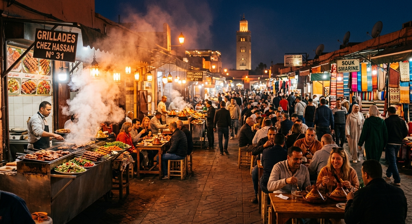 Djemaa el-Fna food stalls at night