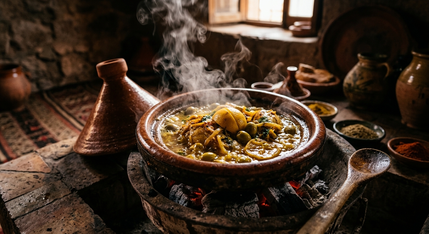 Tagine bubbling in clay pot