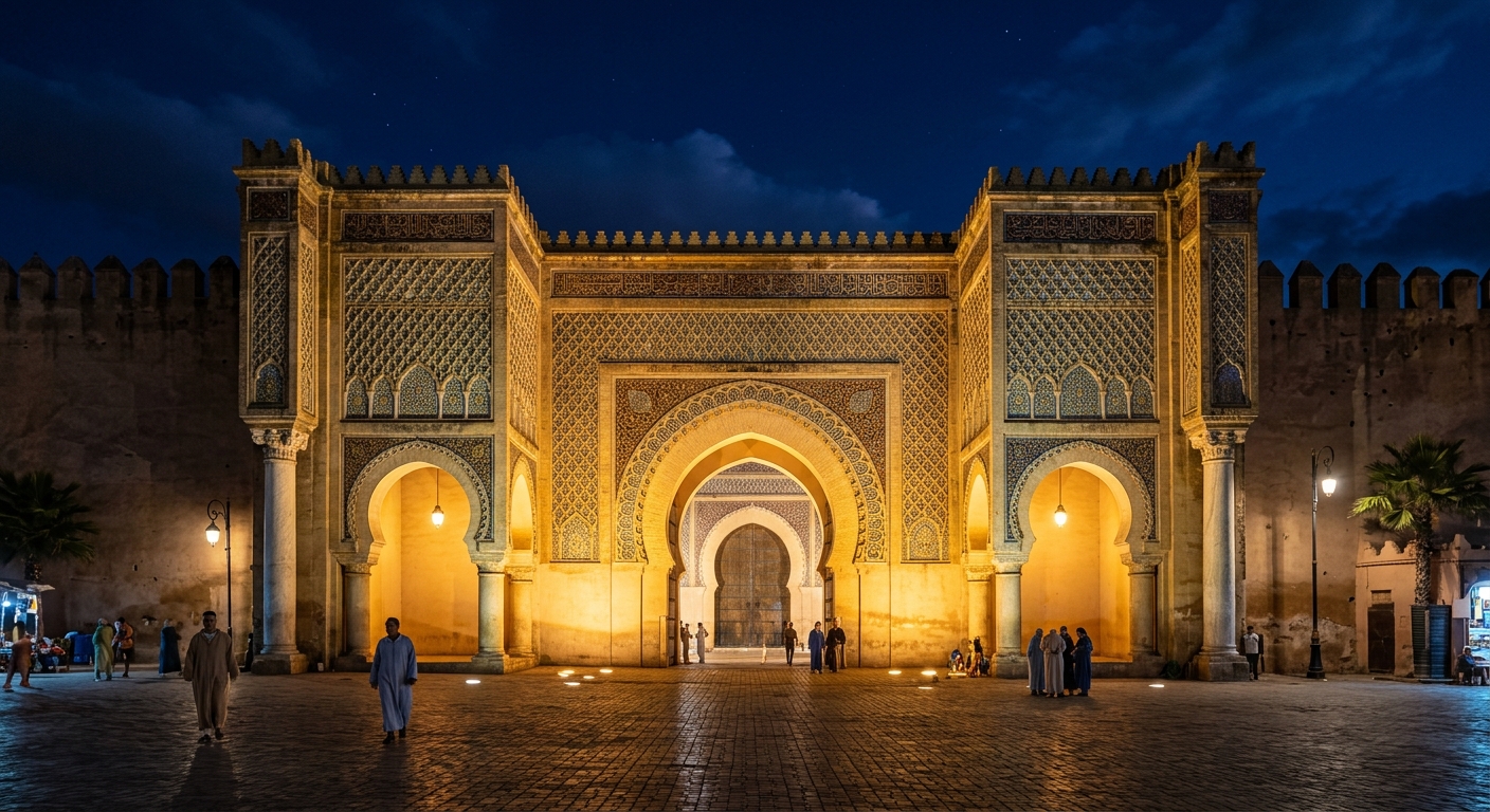 Bab Mansour gate at night