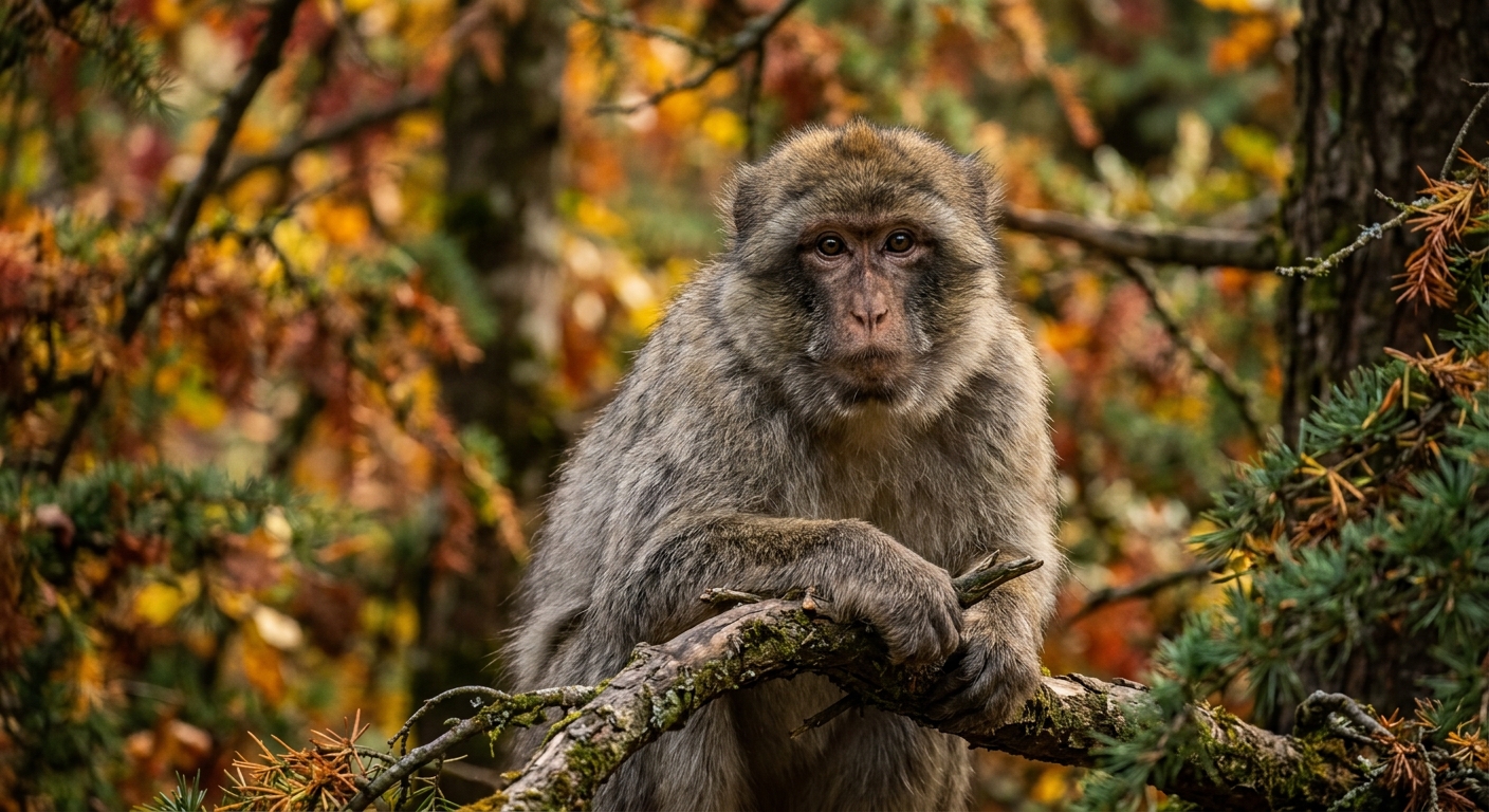 Barbary macaque in cedar